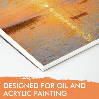 Fuumuui Acrylic and Oil Painting Pads A4 featuring an oil painting of boats at sunset on the top sheet, explicitly designed for oil and acrylic.
