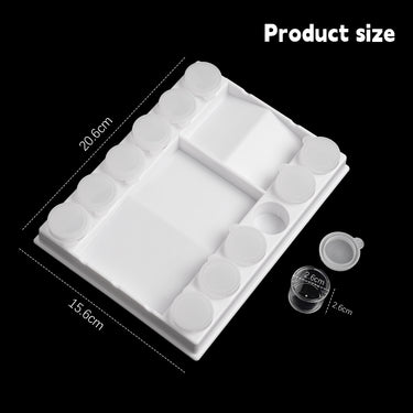 Palette de peinture Fuumuui à 12 godets avec zone de mélange et mini-pots de peinture étanches, indiquant les dimensions du produit de 20,6 cm x 15,6 cm.