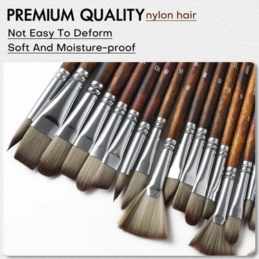 Fuumuui 25pcs Professional Nylon Hair Acrylic Brushes, close-up of various shapes featuring premium quality, soft, moisture-proof nylon hair bristles that are not easy to deform.