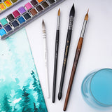 Fuumuui & Svetlin Sofroniev Professional Artist Watercolor 4 brush set, featuring various sizes with a paint palette and landscape artwork.