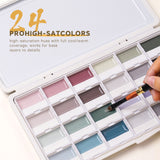 Fuumuui 24-Color Opaque Semi-Solid Watercolor Paint Set showcasing a range of muted, pastel hues in a white palette, with an artist's brush activating paint in a teal pan.