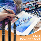 Pennelli per acquerello professionali Fuumuui 6 pezzi con pelo di scoiattolo mostrati con un artista che dipinge un vivace disegno botanico, con un pennello in uso e tre pennelli del set esposti in modo prominente.