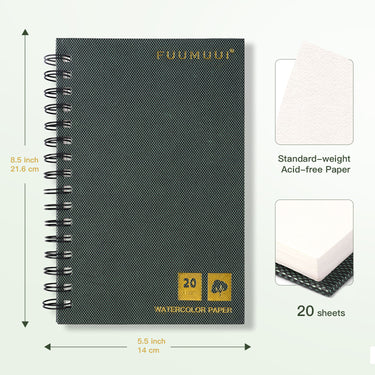 Fuumuui 8.5x5.5 inch spiral-bound watercolor sketchbook with 20 sheets of 100% cotton acid-free art paper for artists.