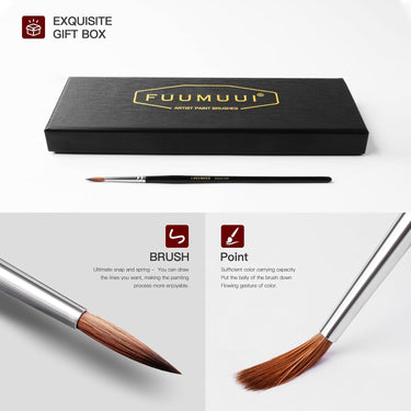 Fuumuui professionelles Kolinsky Zobel Detailpinsel-Set in exquisiter Geschenkbox, mit Nahaufnahmen, die die feine Spitze, den ultimativen Snap und die überlegene Farbspeicherkapazität hervorheben.