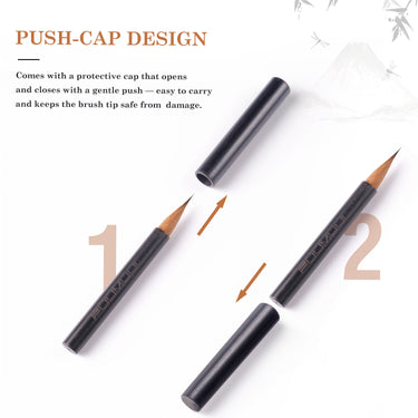 Fuumuui Tragbarer Teilkörper-Wieselhaarpinsel, der sein schützendes Druckkappendesign demonstriert, das zeigt, wie die Kappe den Griff des Reise-Kalligraphiepinsels zur Verwendung verlängert und die Spitze für den sicheren Transport von Fuumuui Art Supplies abdeckt.