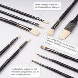 Fuumuui 10pcs professional brush set for acrylic and oil painting, featuring natural hog and synthetic bristles in various shapes and sizes with double crimped ferrules.