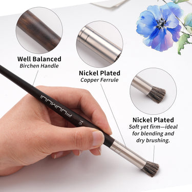 Fuumuui round natural badger hair art brush, featuring a well-balanced birken handle, nickel-plated copper ferrule, and soft yet firm bristles perfect for blending and dry brushing. This brush is a component of the Fuumuui 5pcs set.