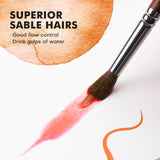 Pennello professionale per acquerello Fuumuui con peli superiori di zibellino che dipinge un tratto rosso vibrante, mostrando un eccellente assorbimento dell'acqua e controllo del flusso.
