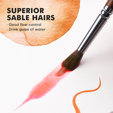 Pennello professionale per acquerello Fuumuui con peli superiori di zibellino che dipinge un tratto rosso vibrante, mostrando un eccellente assorbimento dell'acqua e controllo del flusso.