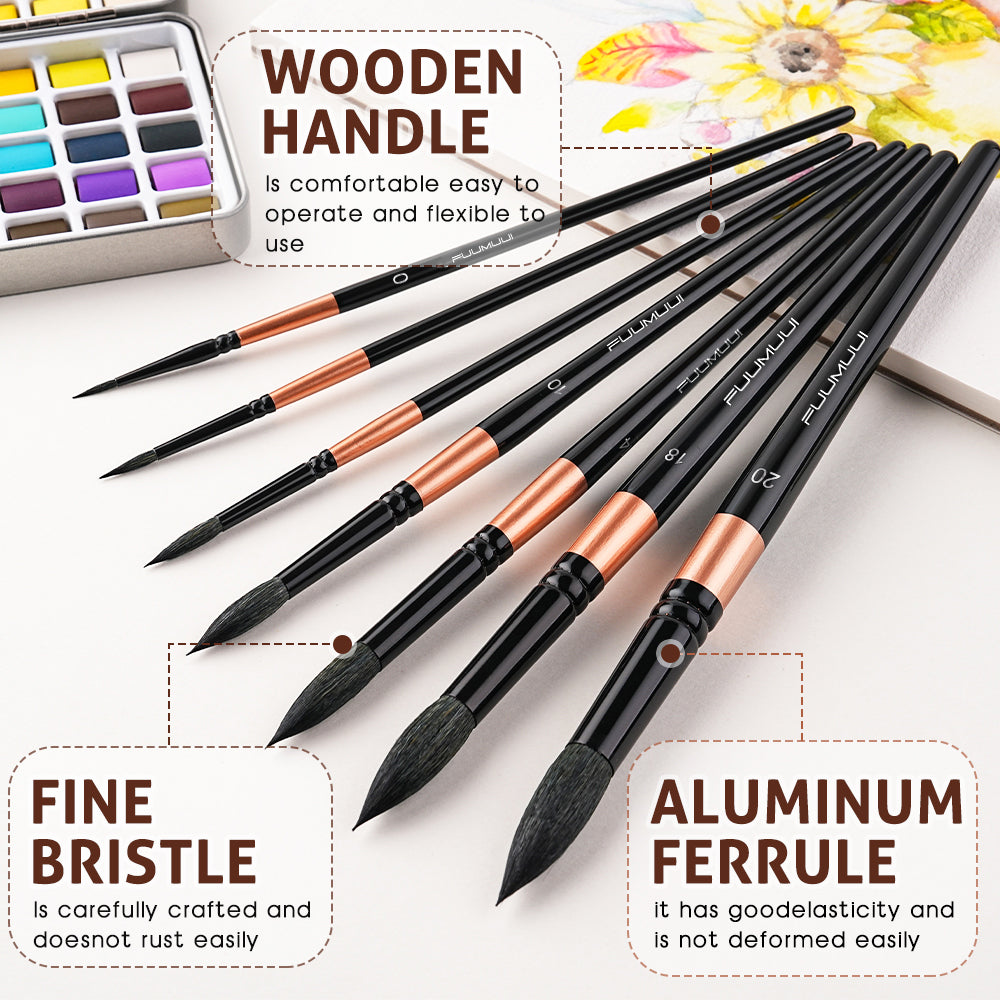 Fuumuui 7pcs Professional Sable Watercolor Brushes