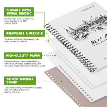 Fuumuui Mixed Media Sketchbook A4 with durable metal spiral binding, 50 high-quality mixed media paper sheets for watercolor, acrylic, oil, gouache, drawing, and pen, featuring removable pages and a sturdy backing board.