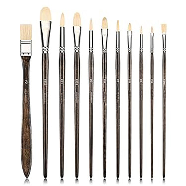 Fuumuui 11pcs Professional Natural Hog Bristles Paint Brush Set, displaying various brush shapes and sizes.