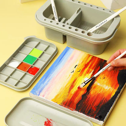 Fuumuui 3 Pack Multi-Use Paint Brush Tub, Paint Brush Washer, Cleaner and Holder, 18 Palette Wells, Lid for Indoor Outdoor Watercolor Oil Acrylic Gouache Painting