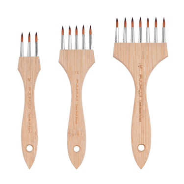 Fuumuui Art Supplies : Un ensemble de trois pinceaux peignes ronds à pointe en nylon multi-têtes avec des manches en bambou, conçus pour des effets spéciaux et des textures créatives en aquarelle, acrylique et gouache.