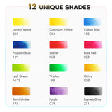 Fuumuui Travel Watercolor Set 12 unique shades color chart, displaying vibrant pigments like lemon yellow, cobalt blue, rose red, and payne's gray for art supplies.