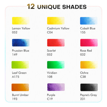 Fuumuui Travel Watercolor Set 12 unique shades color chart, displaying vibrant pigments like lemon yellow, cobalt blue, rose red, and payne's gray for art supplies.