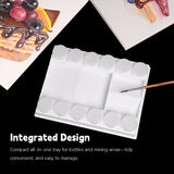 Palette de peinture Fuumuui à 12 godets avec mini-pots de peinture étanches intégrés et zone de mélange pour les fournitures d'art aquarelle, acrylique, gouache, présentée avec un pinceau et des œuvres d'art finies.