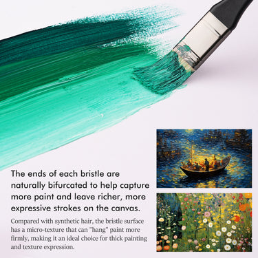 Fuumuui professional brush applying vibrant green paint, highlighting its bifurcated bristles for rich texture in acrylic and oil painting, demonstrated with expressive art examples.