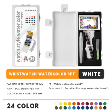 Fuumuui Wearable Watercolor Kit with 24-color watch-style travel palette, white wristband, and water brush for portable art supplies.