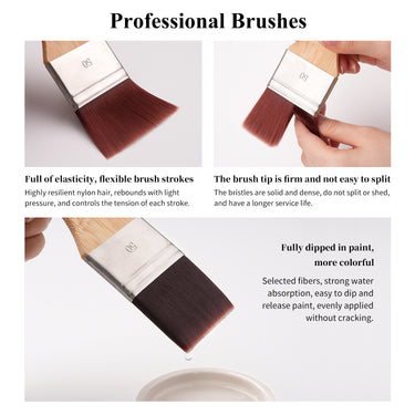 Fuumuui professional large flat nylon brush bristles showcasing high elasticity, firm tip, and superior paint absorption for smooth watercolor, acrylic, and oil painting strokes.