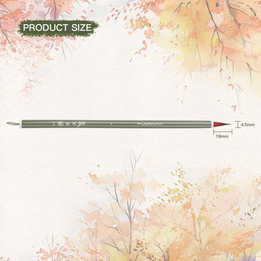 Pennello per acquerello in pelo di capra rosso artigianale FUUMUUI con manico verde, che mostra le dimensioni dettagliate del prodotto: larghezza della punta di 4,5 mm e lunghezza del pelo di 19 mm.