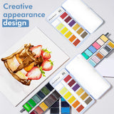 Set di colori ad acquerello Fuumuui da 60 colori che mostrano diverse tavolozze di colori, insieme a un vivace dipinto ad acquerello di fragole, che enfatizza i materiali artistici creativi di Fuumuui.
