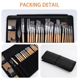 Fuumuui 26er-Set Nylon-Acrylpinsel mit Palettmesser, ordentlich angeordnet in einer offenen schwarzen Rolltasche.