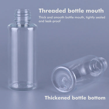 Flacone spray a pressione Fuumuui, in plastica trasparente con bocca filettata a tenuta stagna e fondo ispessito.