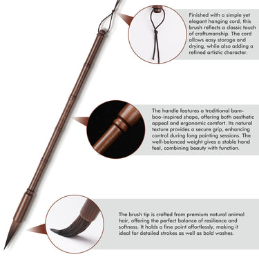 Fuumuui Professional Calligraphy Brush with bamboo-inspired handle, natural animal hair tip, and elegant hanging cord, suitable for watercolor.