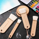 Fuumuui 4pcs wool watercolor brushes set (20mm, 30mm, 40mm, 50mm) with extra soft, high absorption bristles, perfect for washes, backgrounds, and large area painting, displayed alongside a watercolor palette.