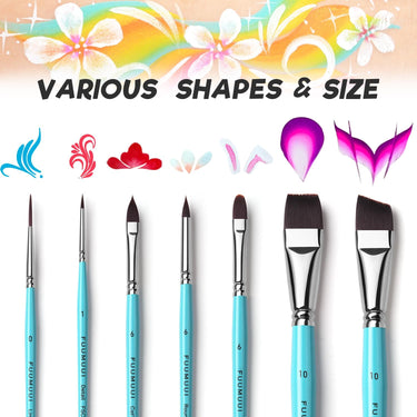 Fuumuui 7-teiliges Set Gesichts- und Acrylmalpinsel mit verschiedenen Formen und Größen, mit türkisfarbenen Griffen und dunklen Borsten.