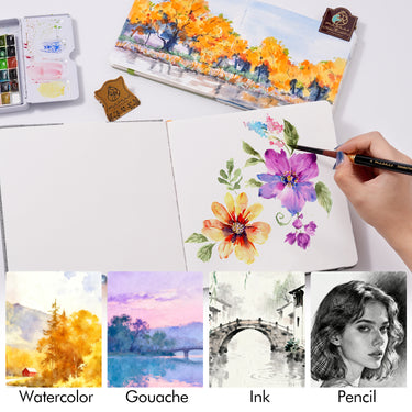 Fuumuui 7.6x7.6 Cold-Press 100% Cotton Watercolor Book, open with an artist painting vibrant flowers, demonstrating its premium surface for watercolor, gouache, ink, and pencil art supplies.