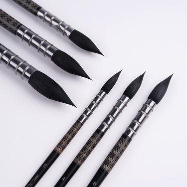 Ensemble de 6 pinceaux aquarelle professionnels Fuumuui avec poils noirs, viroles argentées et manches élégamment imprimés pour fournitures d'art.