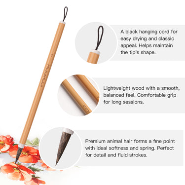 Fuumuui professional calligraphy brush with a lightweight wooden handle, black hanging cord, and a fine-point tip made from high-quality animal hair, ideal for detailed art.