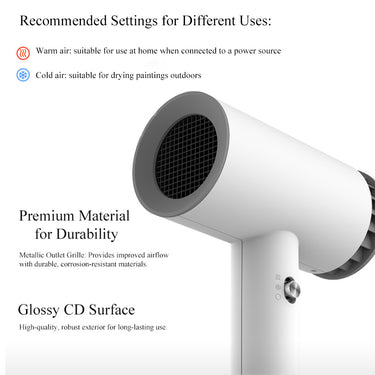 Souffleur d'art à double mode Fuumuui, un petit sèche-cheveux de voyage, doté d'une grille de sortie métallique durable et d'une finition brillante pour une utilisation domestique à l'air chaud ou à l'air froid pour le séchage des peintures.