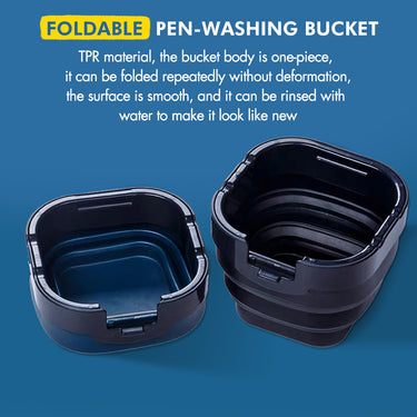 Fuumuui Multifunktionaler, faltbarer Pinselwascheimer für Künstlerbedarf, zusammengeklappt für kompakte Lagerung und ausgeklappt für den Gebrauch.