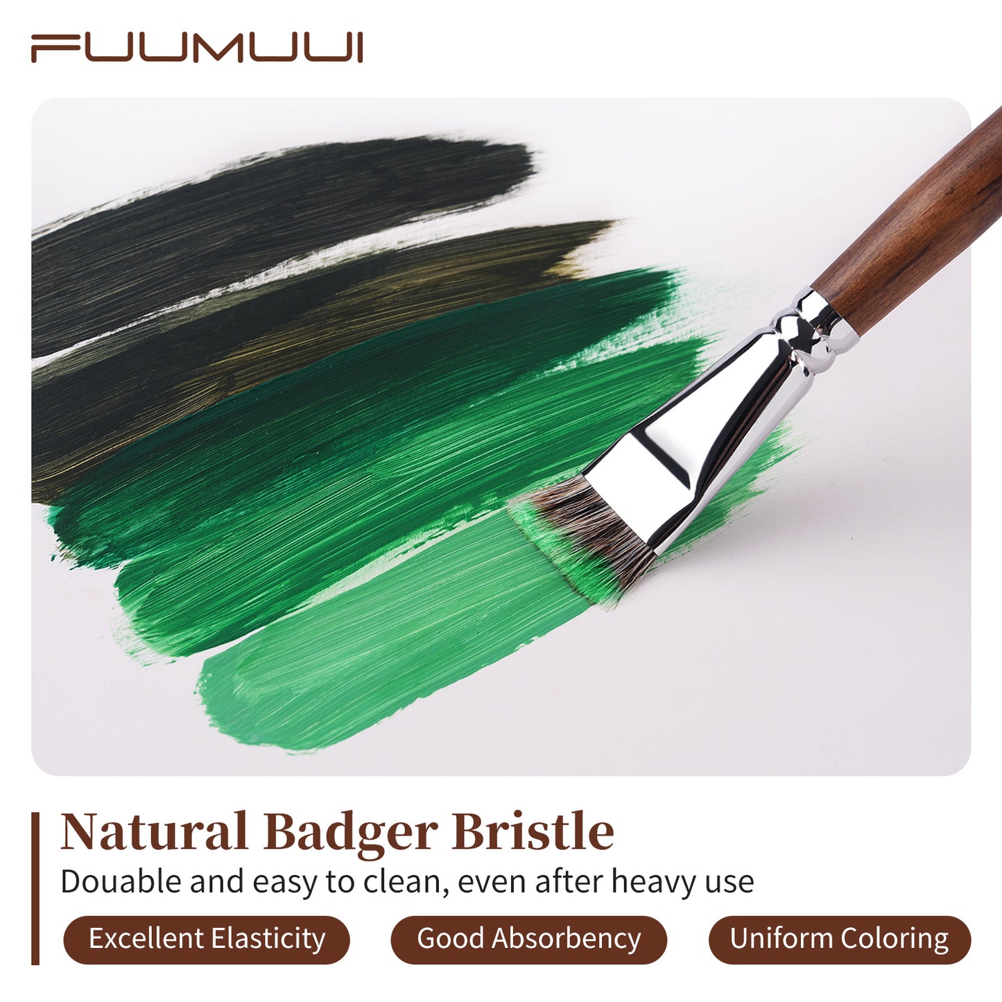 FUUMUUI 4pcs Badger Hair Flat Brush Set | Brown Wooden Handle for Acrylic & Oil Painting
