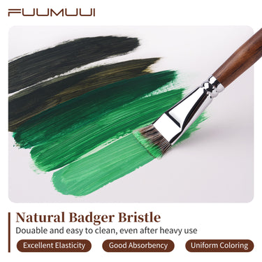 Pennello piatto in pelo di tasso Fuumuui Art Supplies con manico in legno marrone che dipinge un tratto acrilico verde, mostrando l'eccellente elasticit¨¤ delle sue setole naturali e la colorazione uniforme per la pittura acrilica e a olio.