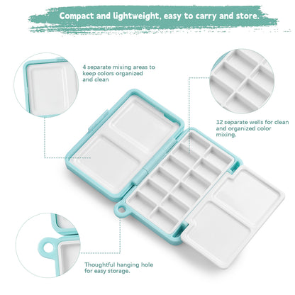 Fuumuui Portable Blue 12-Grid Watercolor Palette Box (With Lid + 4 Mixing Areas)