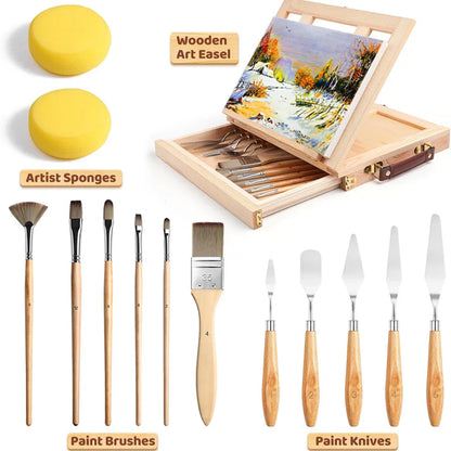 Fuumuui 6pcs Professional Acrylic Brushes & Palette Knife & Wooden easel