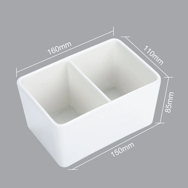 Fuumuui Keramik-Pinselwaschbecken, weißes Doppelkammerdesign, mit klar gekennzeichneten Abmessungen: 160 mm obere Länge, 150 mm Basis Länge, 110 mm Breite und 85 mm Höhe.