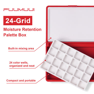 Boîte de palette de peinture portable en plastique rouge Fuumuui Art Supplies avec couvercle, montrant son plateau d'aquarelle à 24 grilles, sa zone de mélange intégrée et sa fonction de rétention d'humidité.
