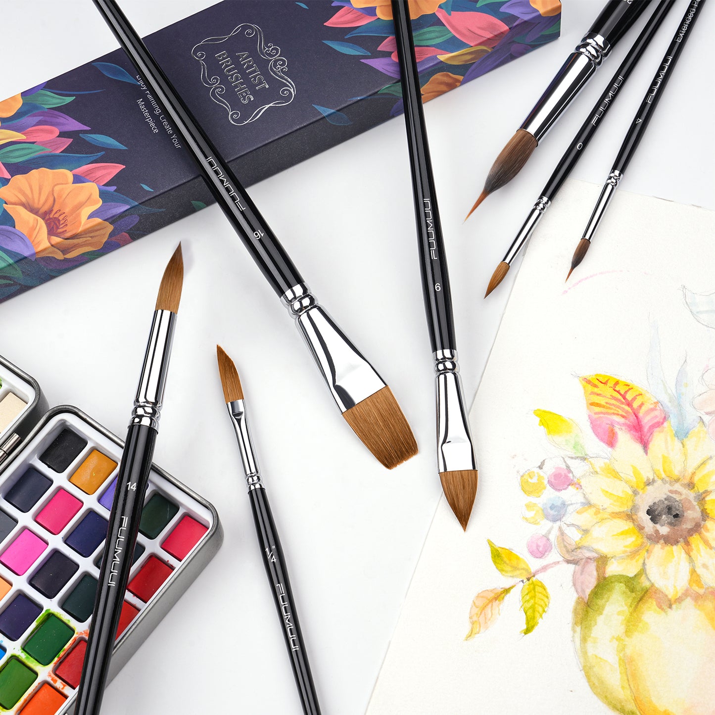 Fuumuui 7pcs Professional Sable Watercolor Brushes