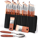 Ensemble de 26 pinceaux acryliques en nylon professionnel Fuumuui et 2 couteaux à palette. L'ensemble présente diverses formes de pinceaux comme plat, rond, éventail et détail, avec des manches en bois, organisés dans un étui enroulable noir.