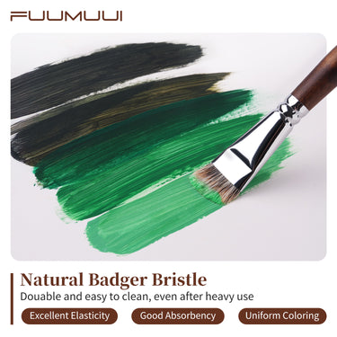Pennello filbert Fuumuui con setole di tasso e manico in legno marrone che applica vernice verde, dimostrando eccellente elasticit¨¤ e colorazione uniforme per forniture artistiche a olio e acrilico.