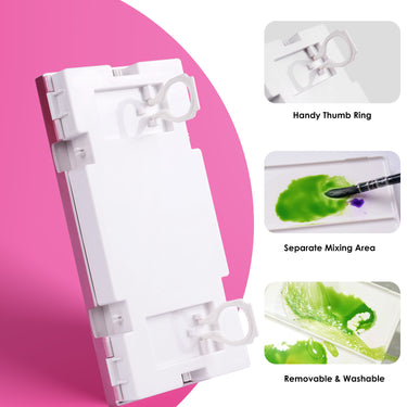 Boîte de palette de peinture hermétique Fuumuui, palette vide de 28 godets pour aquarelle, gouache, acrylique avec couvercle et plateaux de mélange, avec un anneau de pouce pratique, des zones de mélange de peinture séparées et une conception amovible lavable.