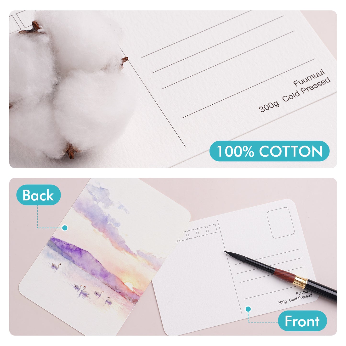 FUUMUUI 100% Cotton Cold-Pressed Watercolor Postcards | 300gsm, 4x6 inch, Set of 40