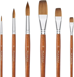 FUUMUUI Watercolour Brush Set Professional – Set of 6 High-Quality Red Sable Artist Brushes with Round Brush and Flat Brush Perfect for Watercolour, Watercolour Round Brush, Flat Brush Watercolour, Real Hair