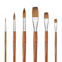 Fuumuui 6pcs professional watercolor brushes set, featuring both round and flat shapes with red sable hair for artists and beginners.