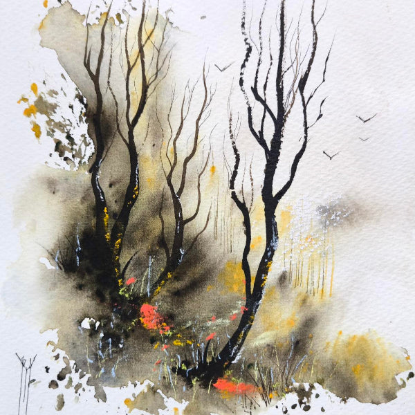 Abstract forest painting on Cold Press 140lb/300gsm 100% Cotton paper. Fine trees rendered with a Detail Brush using professional Watercolor Paint, featuring soft wet-on-wet washes for professional artists.
